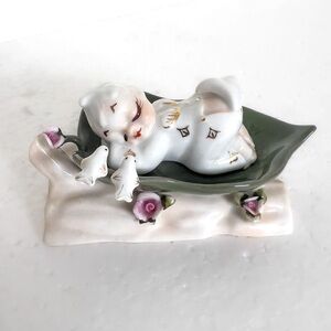 Vintage 50's Lefton China Baby pixie Elf Sleeping on Leaf Figurine Birds Flowers